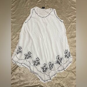 White Sleeveless Dress with Black Floral Embroidery